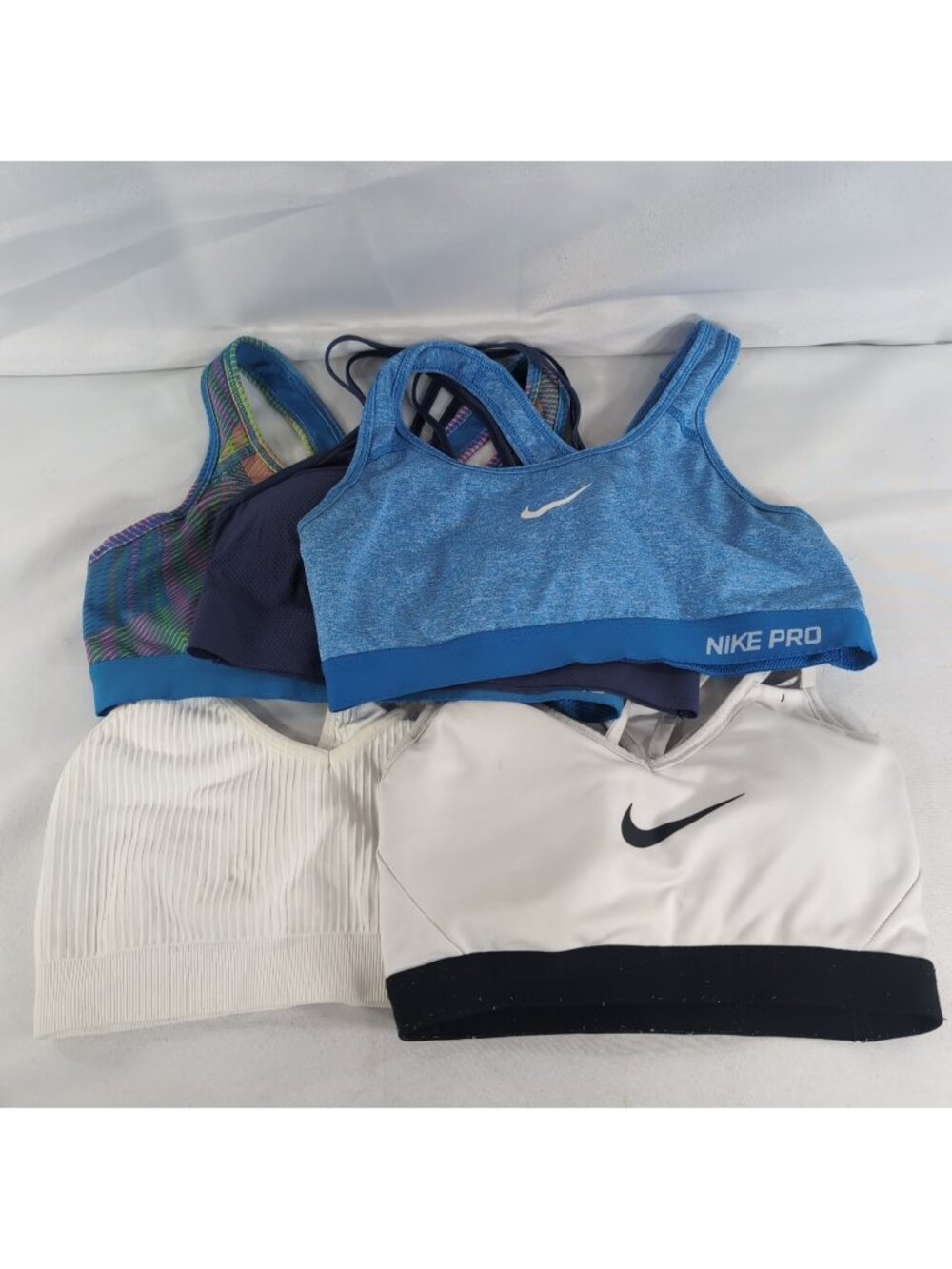 5 Lot Nike Pro M Medium Women Sports Bra Blue White Denver Hayes Dri-Fit Swoosh